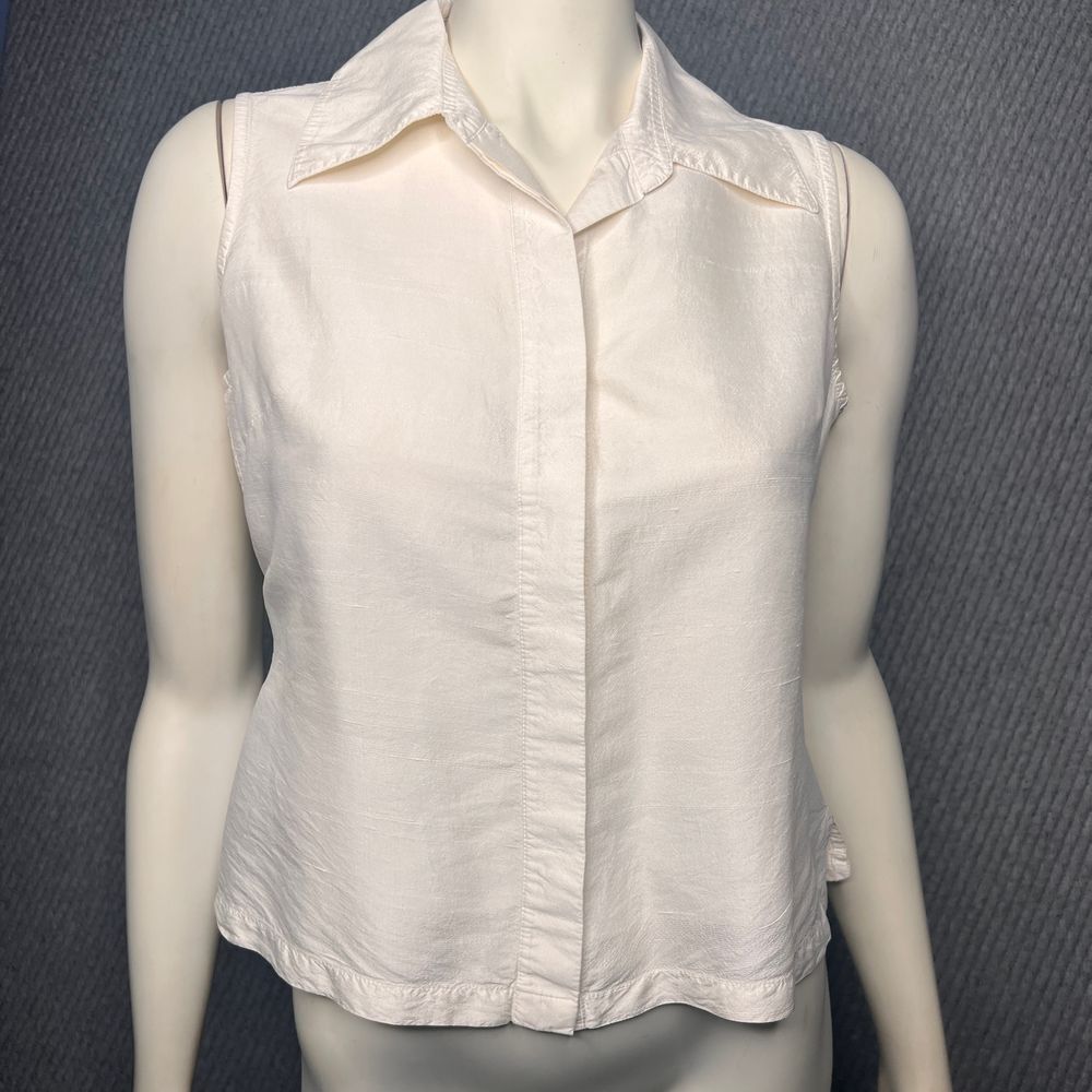 Finity Raw Silk Collared Top Shell Buttons Off White‎ 90s Minimalist Womens 10